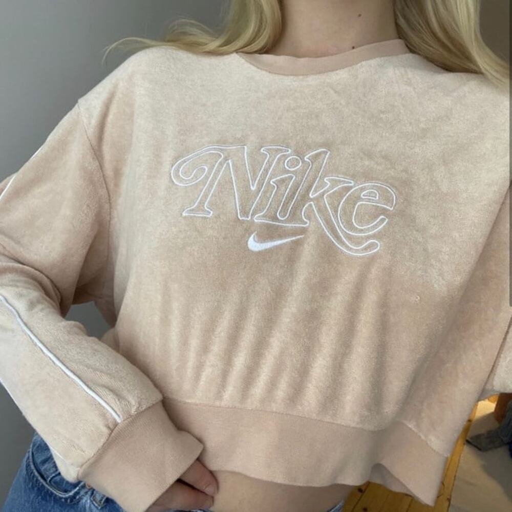 Vintage Beige Pale Pink Nike Velour Cropped Long Sleeve Sweatshirt Nike (0520)
